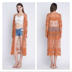 Longline lace cardigan in cognac